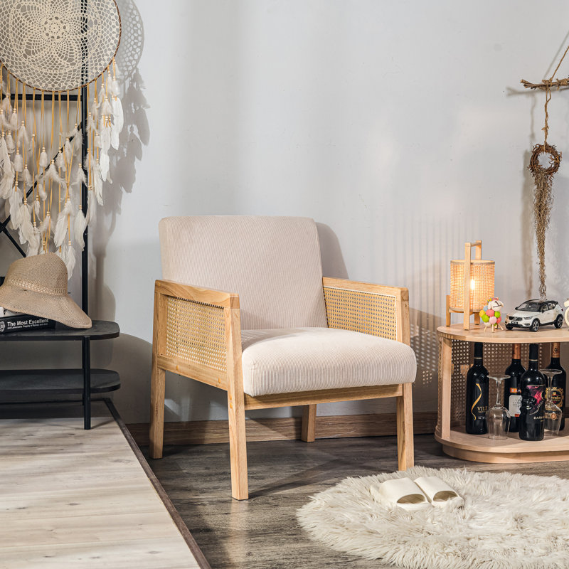 Chai en bois et canne Carlphinz, Tissu beige
