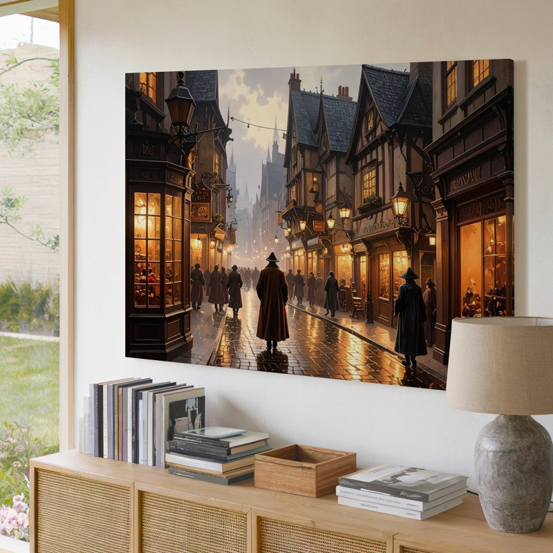 «Magical Lantern Street», art mural sur toile, paysage urbain médiéval, H 11 po x l 14 po