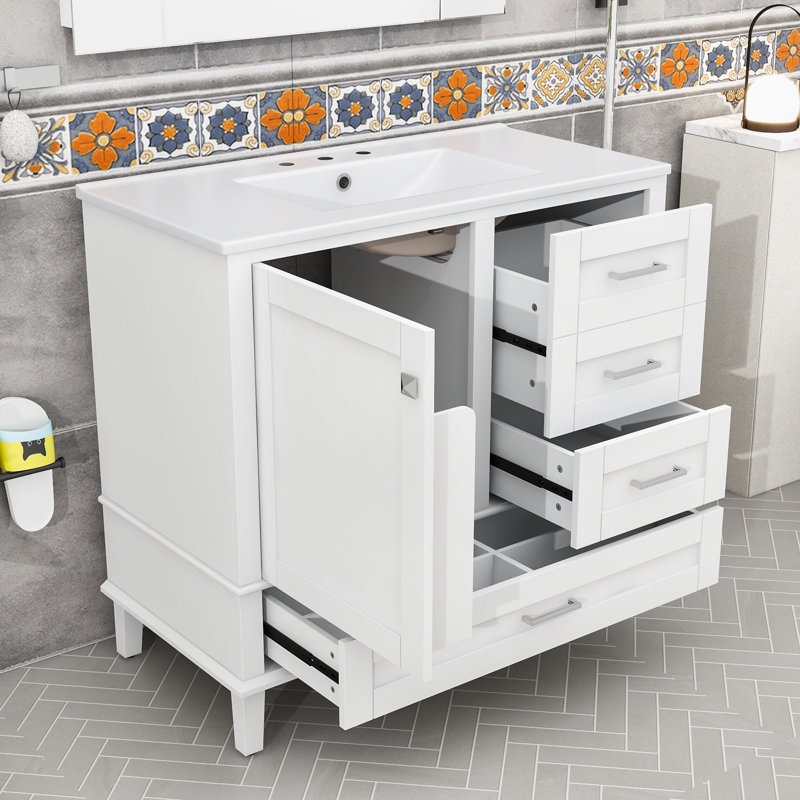 Meuble-lavabo simple contemporain en bois avec porte à fermeture en douceur, lavabo en céramique et tiroirs de rangement
