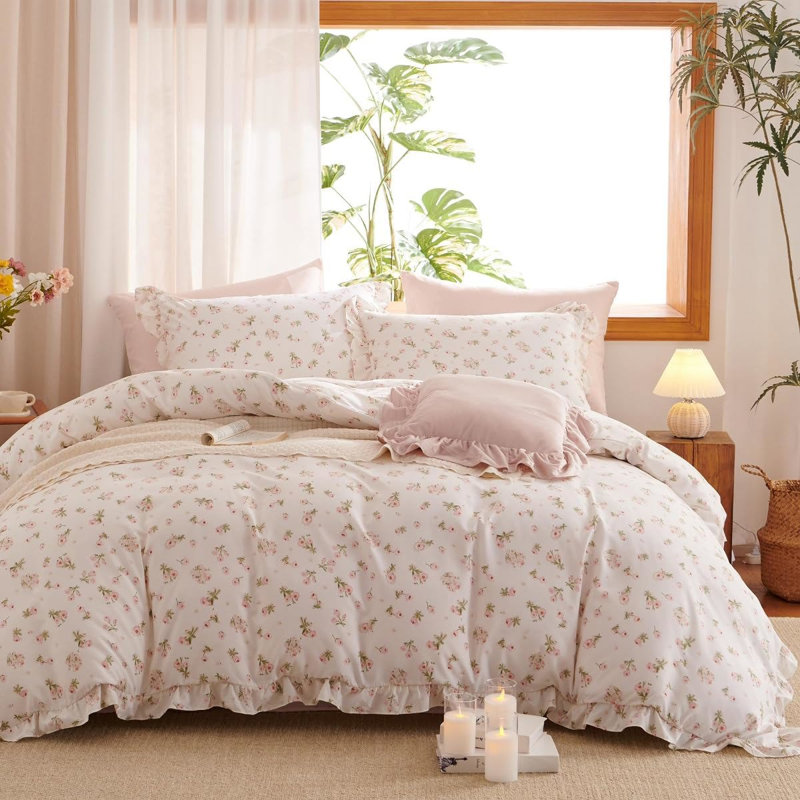 Ensemble de housse de couette à motif floral rose pour femmes avec housse de couette avec fermeture à glissière