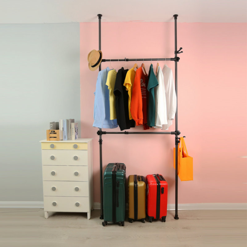 Telescopic Garment Rack, Heavy Duty Design Movable DIY By Hand No Damage To Wall Ceiling Hanging Rail, 31-47In Wide Adjustable, 120 Kilogram Loading, Reach Hook Included