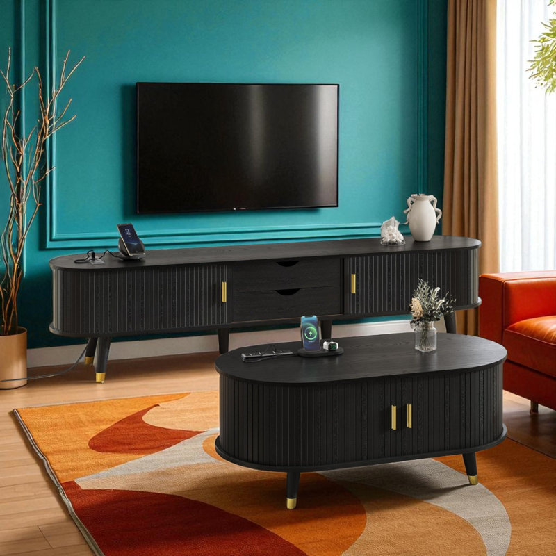 Ensemble de meuble télé et de table basse de style Mid-Century avec station de charge et porte tambour, Noir