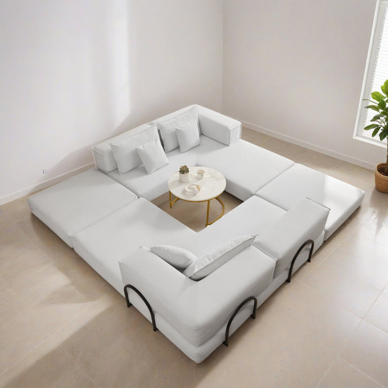Canapé-lit modulaire en forme de L 118,22 po pour salon, Velours côtelé blanc