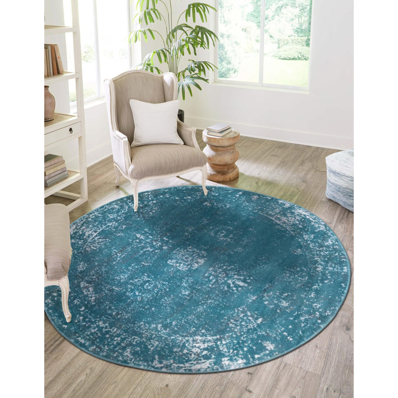 Tapis floral turquoise Brandt, Rond 7 pi 1 po x 7 pi 1 po