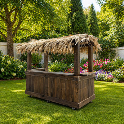 6ft Straight Bartender Station With 2 Shelves, Stained Wood Finish, Tiki Roof Design