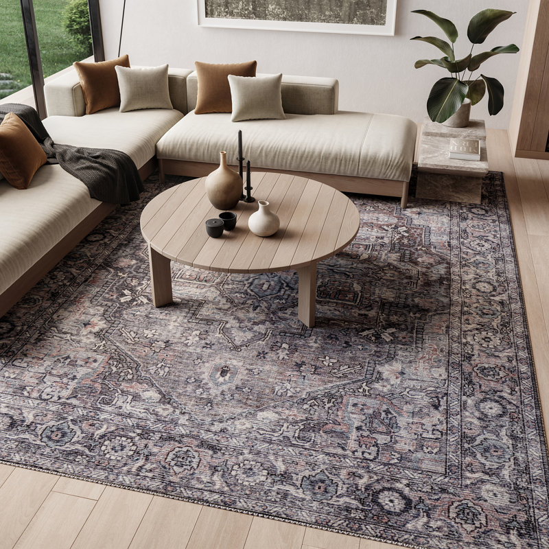 Lyiah Oriental Machine Washable Polyester Area Rug in Gray, Rectangle 9'2" x 12'