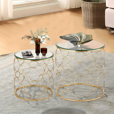 Jadonte Set 2 Round Nesting Gold Metal Glass Top End Side Table