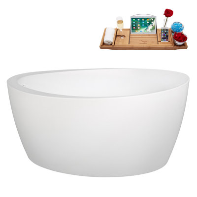 59" Streamline Soaking Glossy White Acrylic Freestanding Bathtub, Bamboo Tray, Drain