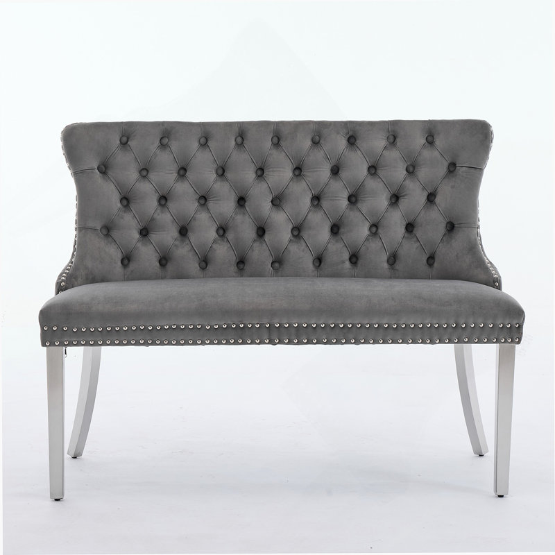 Velvet Double Dining Loveseat Bench, Kitchen & Dining Seating, 2-Seat Tufted Bench W/Handmade Buttons, Wing Back, Brushed Silver Stainless Steel Legs, Mid Century Modern,Single Pack,Gray