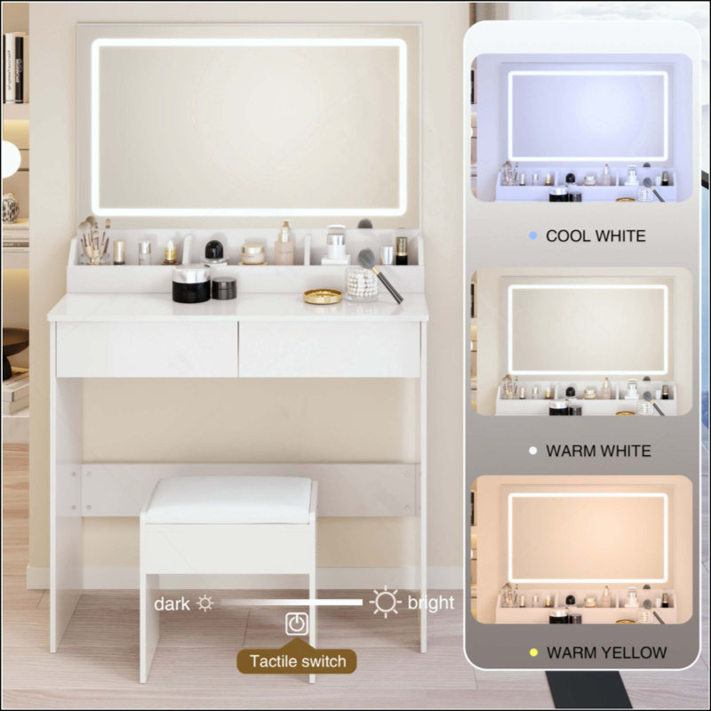 Ensemble de coiffeuse avec miroir à DEL et ensemble de tabourets à coussin souple, interrupteur tactile, 3 couleurs, luminosité réglable, capacité de rangement, coiffeuse compacte convenant aux petits espaces