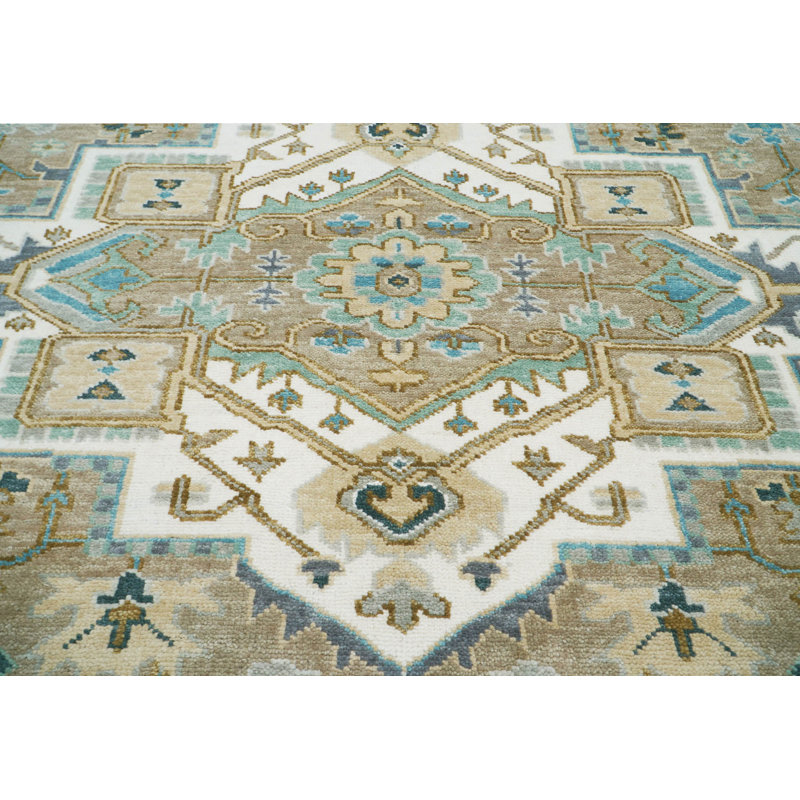 Tapis multicolore beige transitionnel en laine Oushak, Rectangulaire 8 pi x 10 pi