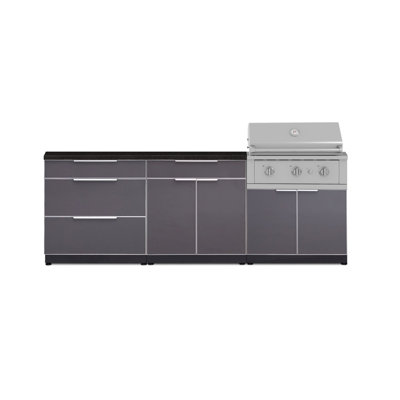 Ensemble de cuisine extérieure en aluminium gris ardoise, composé de 5 éléments comprenant un meuble à 3 tiroirs, un bar, un meuble pour barbecue, un barbecue au gaz naturel haute performance de 84 cm et un comptoir en pierre reconstituée noire de 163 cm.