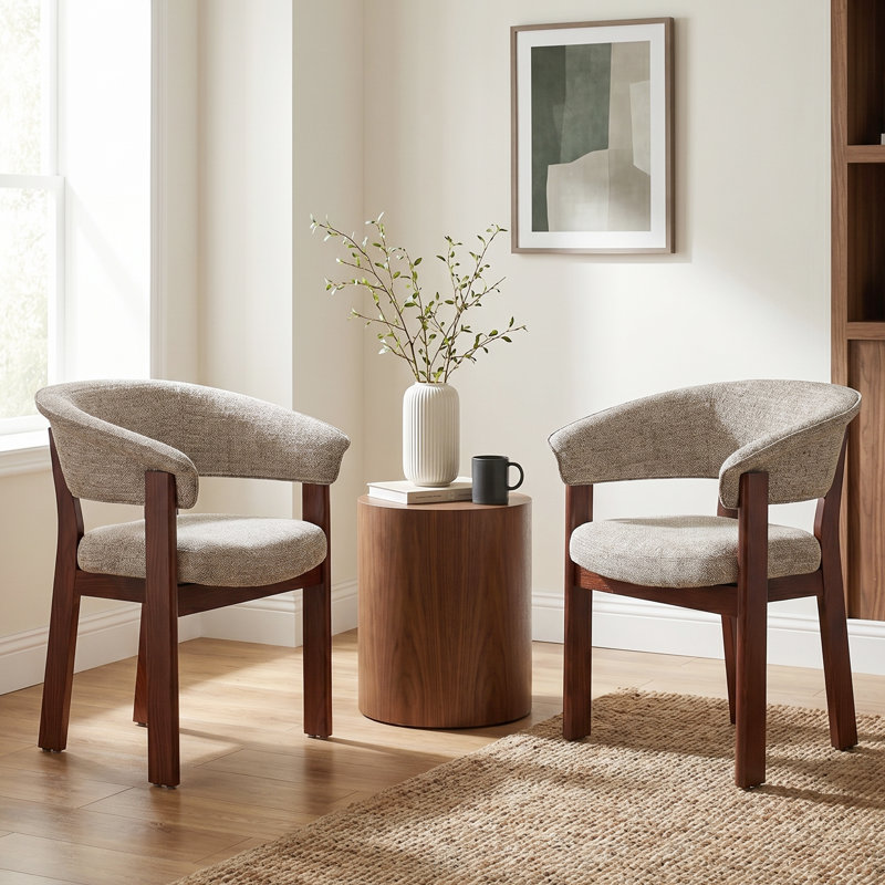 Chaise de salle à manger rembourrée avec accoudoirs tonneau, Ivory, Dark Brown Wood