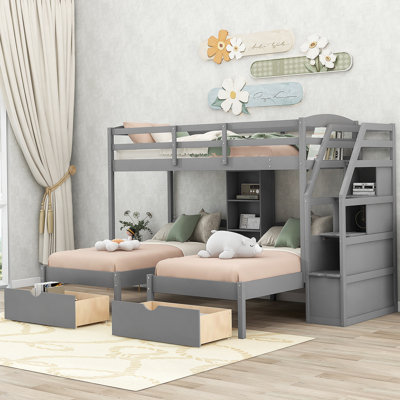 Twin over Twin&Twin Bunk Bed, Triple Bunk Bed with Drawers, Staircase with Storage, Built-in Shelves, Gray