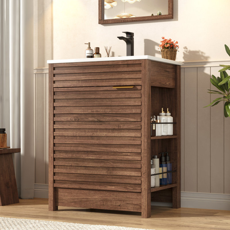 Meuble-lavabo de salle de bain avec lavabo, robinet, tablettes de porte et tablettes latérales ouvertes, Noyer, 24"