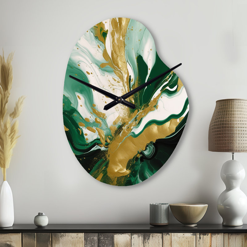 Vert et or liquide Magic II - horloge murale abstraite de forme irrégulière, horloge murale asymétrique, Grand