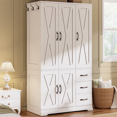 Wardrobe Closet With 5 Armoire Doors, 3 Drawers And 3 Side Hooks, Wooden Cabinet With Hanging Rod And Deep Storage Space For Bedroom by Ophelia & Co.