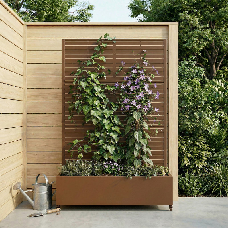 Lit de jardin en métal avec treillis et roulettes H 6 pi x l 4 pi - brun, H 73 po x l 47 po x P 16 po, Brun
