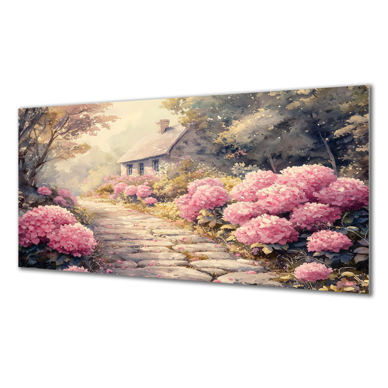Hortensias par le chemin de pierre IV - hydrangées, impression murale en métal, H 28 po x l 60 po
