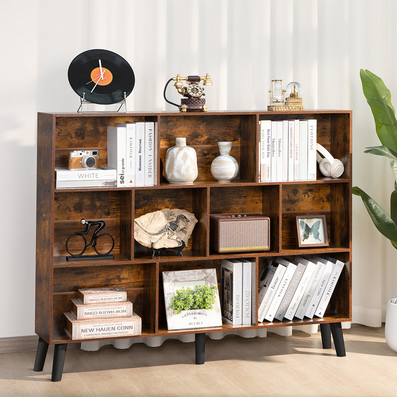 10 Cube Bookshelf,3 Tier Modern Wide Bookcase With Legs,Mid-Century Wood Bookshelves Storage，Retro Large Book Case,Freestanding Organizer Display Shelf For Bedroom,Living Room,Office