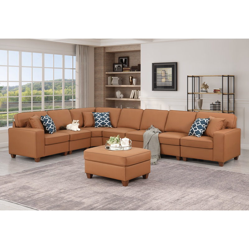 Canapé modulaire en cuir artificiel avec repose-pieds Shayle, Similicuir brun, H 35 po x l 151,25 po x P 33,25 po