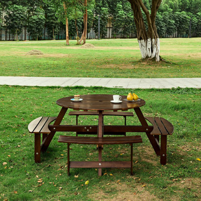 Table de pique-nique d'extérieur avec 4 bancs pour 8 personnes, trou de parasol, imperméable. Jardin brun, personne de patio - brun. Imperméable, cour arrière