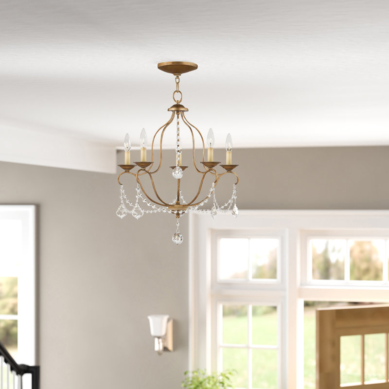 Lustre empire à 5 lumières de style bougie avec accents de cristal Daniesha, Feuille d'or antique
