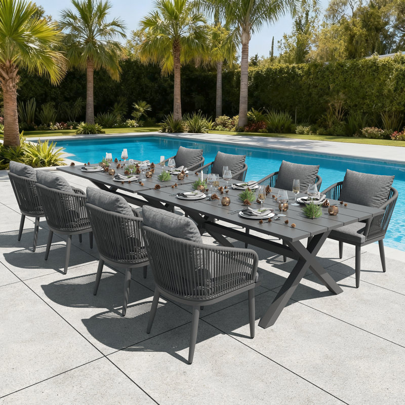 10 Pieces Outdoor Dining Set Woven Rope Wicker Patio Dining Set With Rectangular Aluminum Table And Modern Armrest Dining Chairs