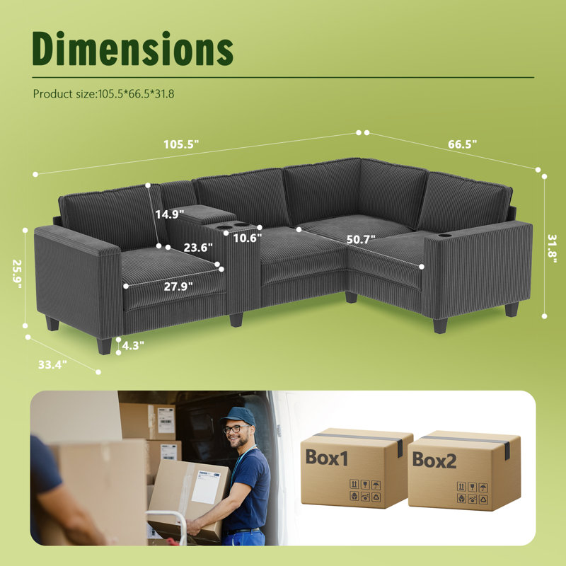Canapé modulaire réversible en L en velours côtelé avec accoudoirs de rangement, console centrale et charge USB, Gris, 4