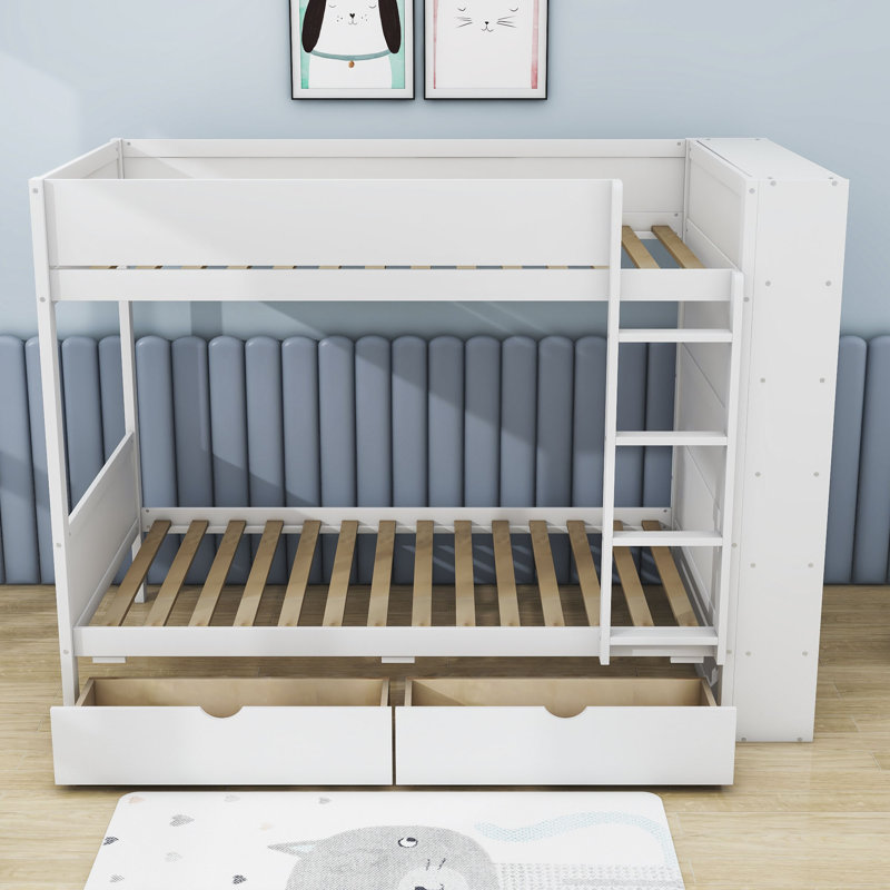 Janael 2 Drawer Standard Bunk Bed with Shelves by Harriet Bee, White, Twin Over Twin