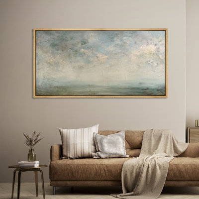 Serene Sky and Misty Horizon Neutral Landscape - Large Framed Canvas Master Bedroom Wall Art Print