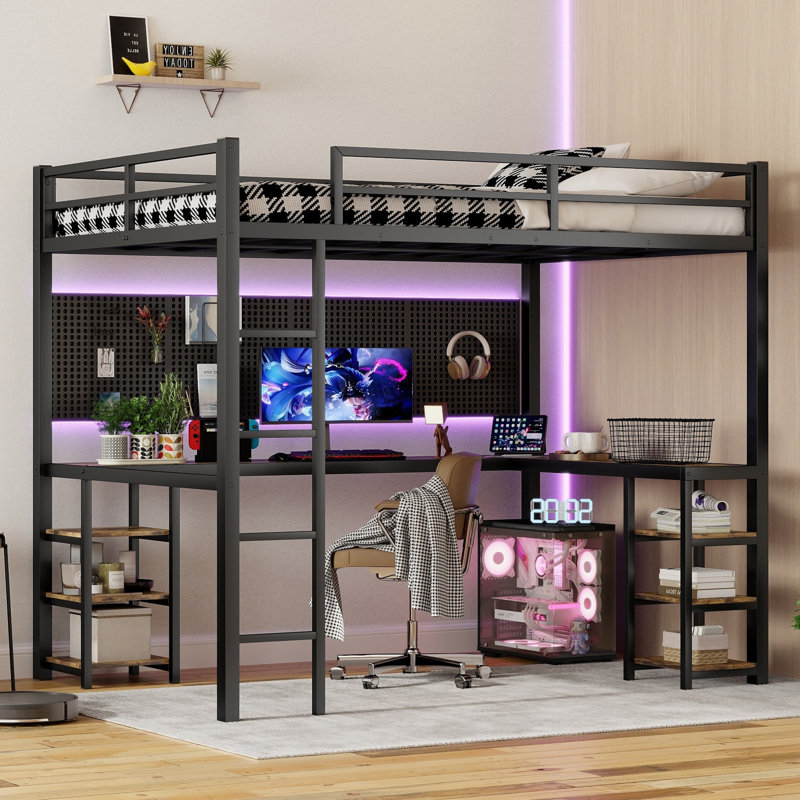 Metal Loft Bed with Desk and Shelves, Loft Bed Frame for Bedroom, Black/Brown, Full XL