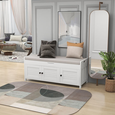 Banc de rangement avec 3 portes en forme de volet, banc à chaussures avec coussin amovible et espace de rangement caché 