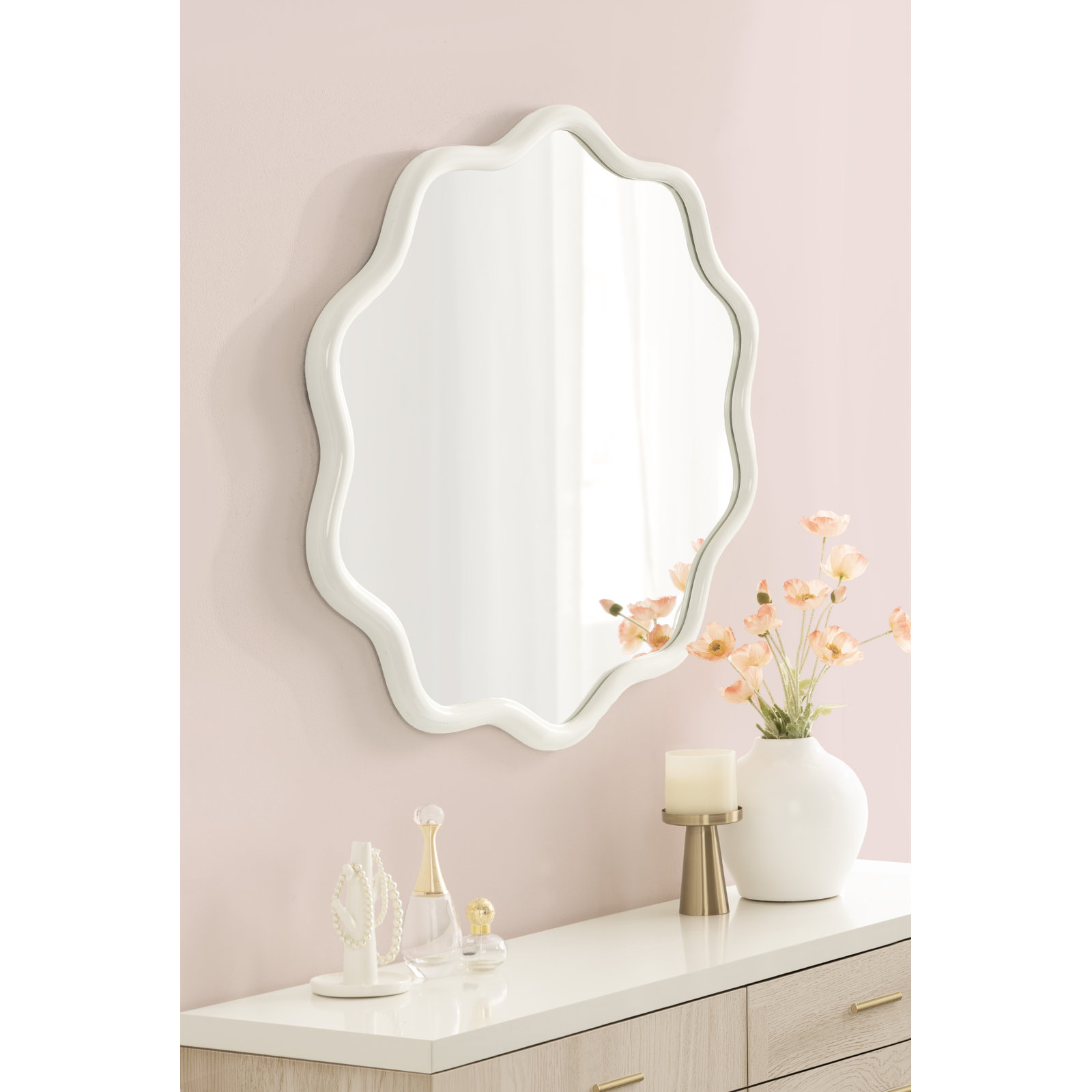 Solid Wood Scalloped Mirror, 26" x 26", White