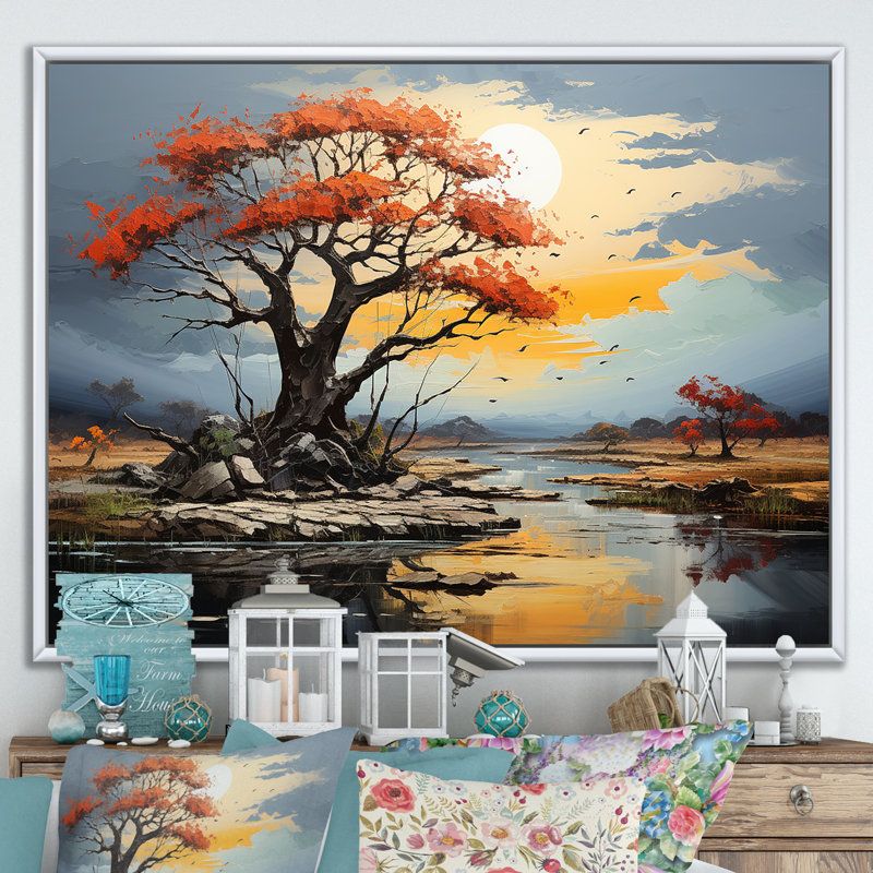 Paysage de baobab rouge sur toile, H 16 po x l 32 po x P 1 po, Cadre flottant blanc