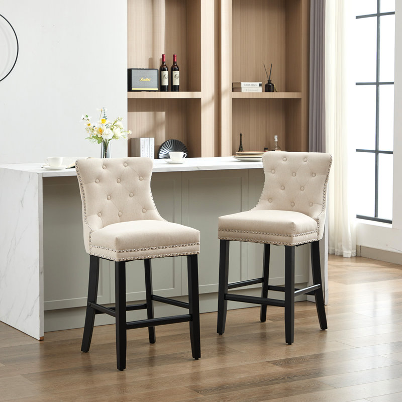 27.5'' Upholstered Bar Counter Stool with Solid Wood Frame(Set of 2), Beige