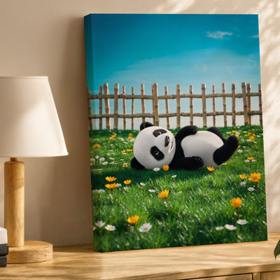 Canvas A Cute Cartoon Panda Lies On Its Back In A Wall Art Vibrant Green Meadow Surrounded By A Scattering Of Colorful Wildflowers Canvas Wall Art