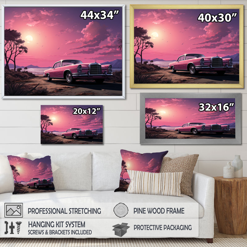 Rose Cadillac sur la plage au coucher du soleil II - voiture, art mural américain ancien, Toile tendue