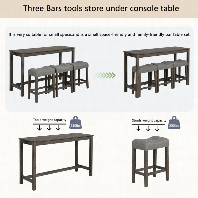 Ensemble de table de bar 4 pièces avec prise de courant, ensemble de table de bar avec chaises, table de bar avec tabourets, table de canapé avec 3 tabourets rembourrés, pour le salon, la salle à manger, gris foncé