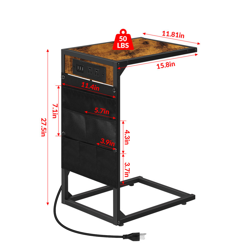 Table de bout brune de type C avec station de charge Table d'appoint à hauteur réglable Petit canapé pour canapés avec sac de rangement glissant sous le canapé