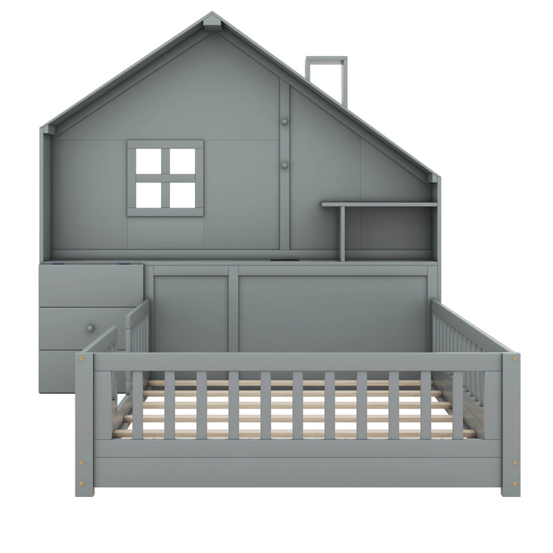 Helis House Bed with Window and Bedside Drawers, Full, Gray