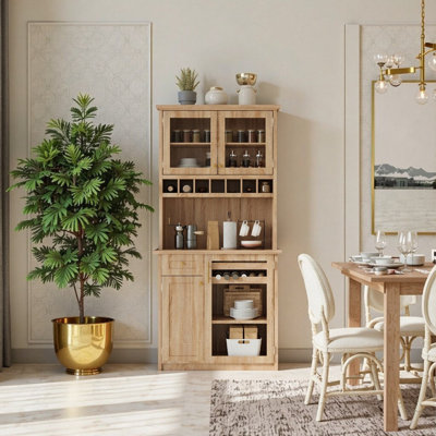 Armoire de cuisine sur pied 74,8 "de style Shaker avec support à vin et portes en verre trempé