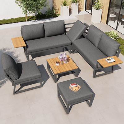 7-piece Modular Outdoor Sofa Set With Wpc Table & 10 Cm Cushions