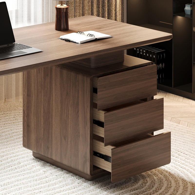 Modern Luxury Walnut Finish Desk With Storage Drawers And Built-In Power Outlets Home Office Study Workstation