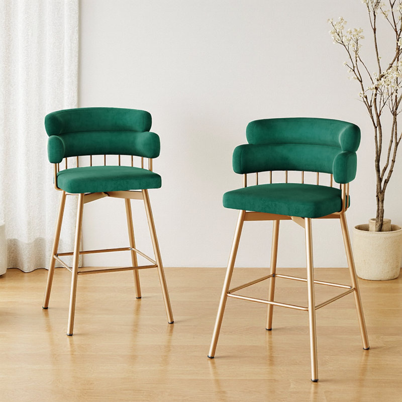 Ensemble de 2 tabourets de bar modernes pivotants verts de 26 po avec pieds en métal doré