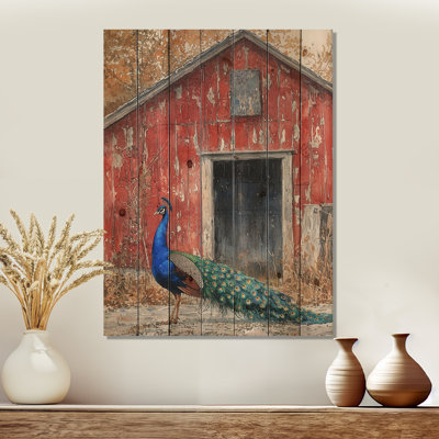 Peacock At The Farm Garden II - Bird Wood Wall Decor - On Natural Pine Wood