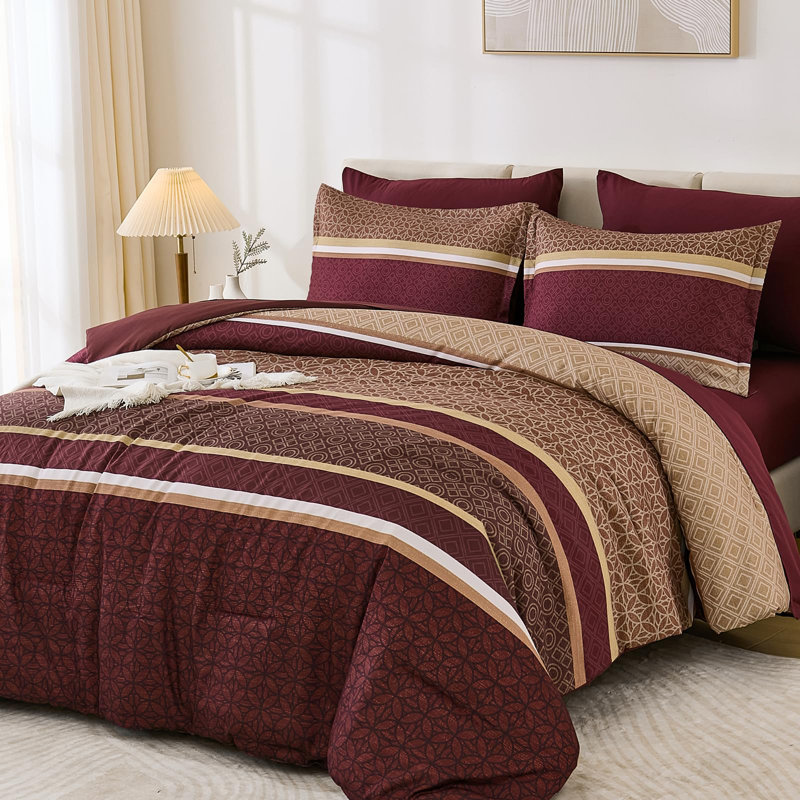 Ensemble d'édredon 7 pièces à patchwork rayé - Literie douce en microfibre légère toutes saisons