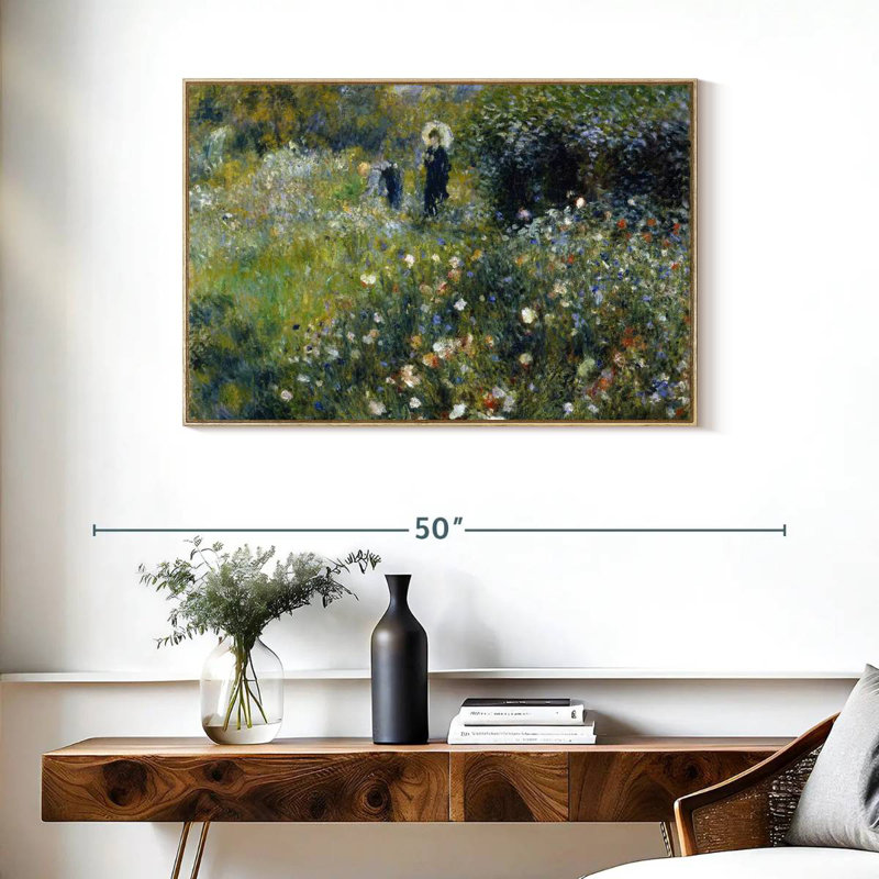 Femme avec un parasol dans un jardin, Cadre flottant en bois naturel, 37 po x 25 po