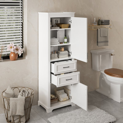 71-inch tall freestanding bathroom vanity with damping-hinge doors and drawers, featuring a modern elegant design. Includes adjustable shelves, a fixed shelf, and space-saving storage.