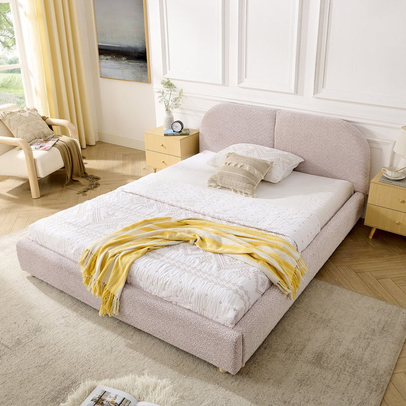 Structure de lit rembourrée en tissu avec tête de lit courbée, Queen, Pink